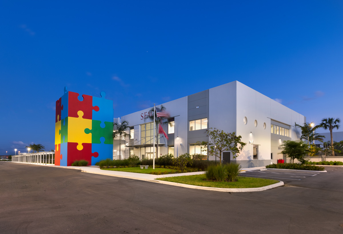 Architectural dusk view of the South Florida Autism Charter School  in Miami FL.